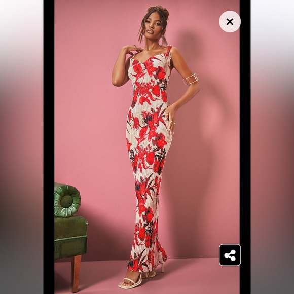 NWT Nude Floral Print Plisse Strappy Maxi Dress - Picture 3 of 6